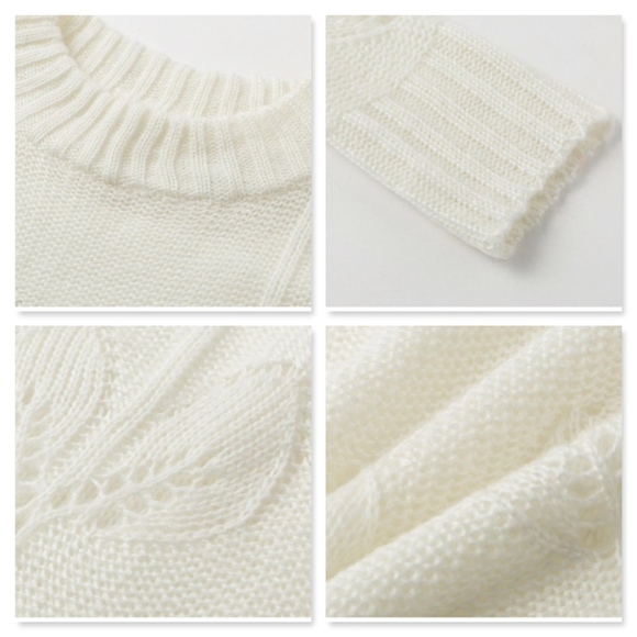 Eyelet Leaves Knit White Pullover Sweater - Picture 8 of 8